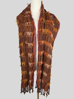 Tolani Textured Wool Scarf Boho‎ Artisan Fringe Wrap Brown Orange EUC 75"